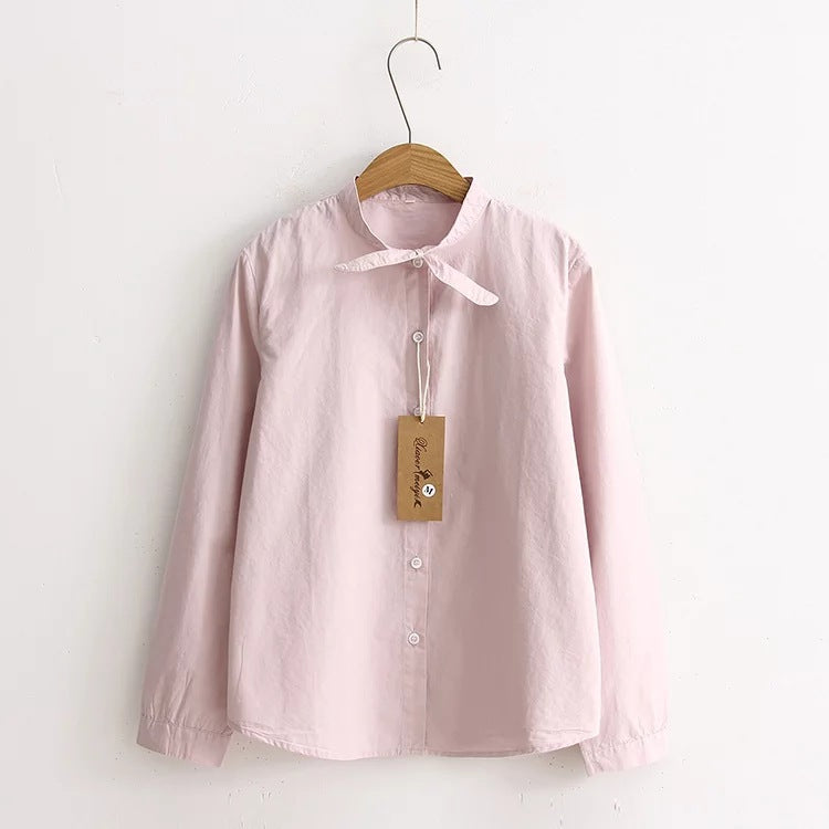 A spring new Korean version lace-up bow collar long-sleeved shirt small fresh student blouse - Mixbatch