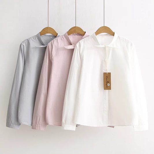 A spring new Korean version lace-up bow collar long-sleeved shirt small fresh student blouse - Mixbatch