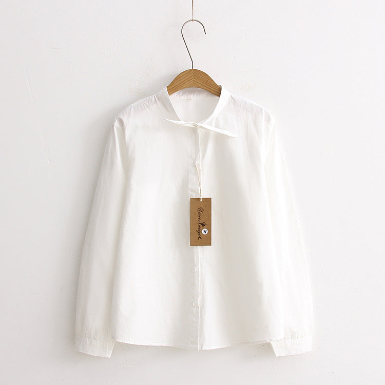 A spring new Korean version lace-up bow collar long-sleeved shirt small fresh student blouse - Mixbatch