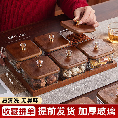 P Bamboo Wood Glass Fruit Snack Plate with Lid