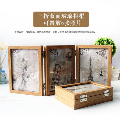 A three-fold folding six-sided glass photo frame table retro American creative combination 6-inch 7-inch like photo frame ornament