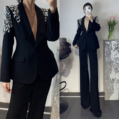 P Korean version of light luxury heavy industry hot diamond suit trousers suit fashion temperament high foreign style two-piece set tide
