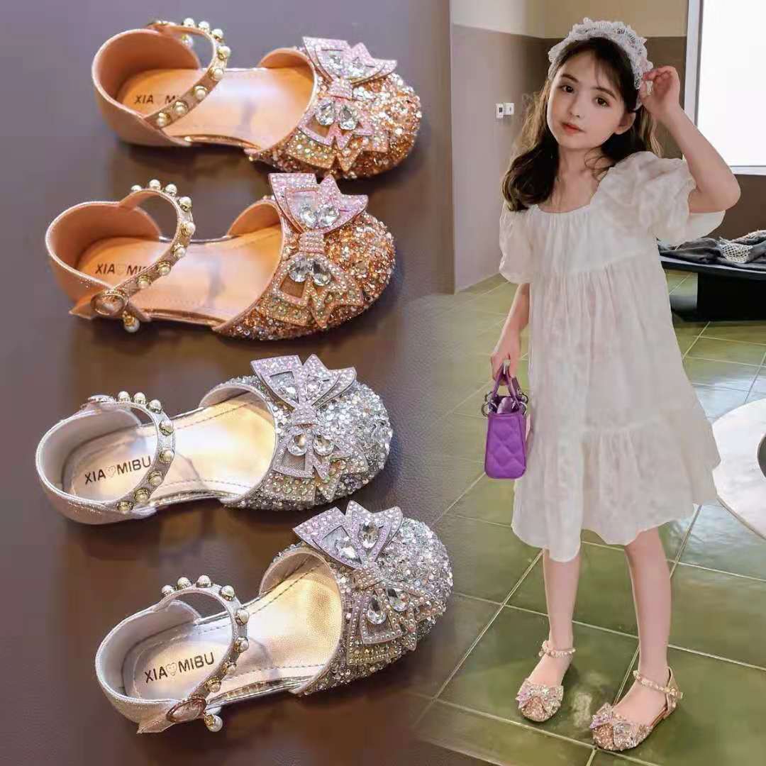 P Fashion Summer Middle School Older Children Soft Flats Spring Leather Shoes Princess Shoes Dance Shoes Crystal Shoes