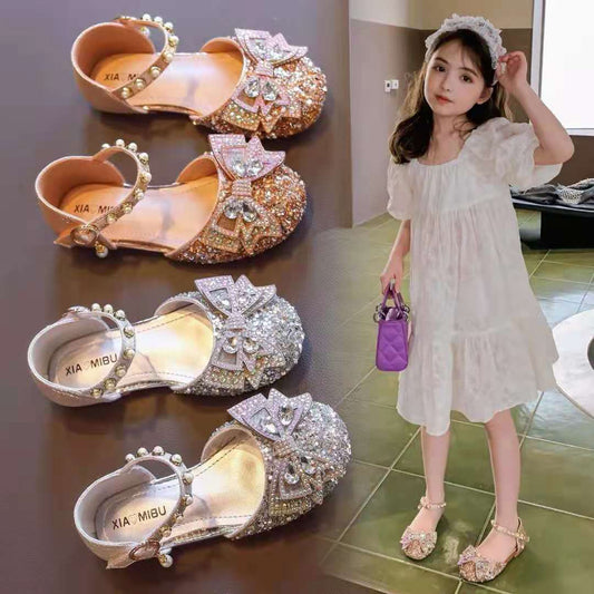 P Fashion Summer Middle School Older Children Soft Flats Spring Leather Shoes Princess Shoes Dance Shoes Crystal Shoes