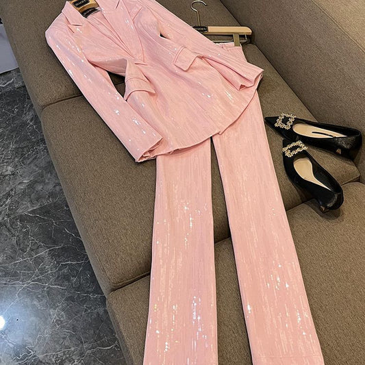 P autumn new pink temperament high-end casual blazer high waist trousers suit women