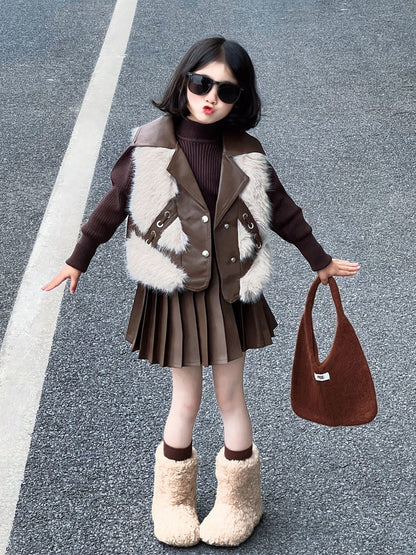 P girls' suit autumn and winter children's foreign style imitation fur vest older children's girls thickened bottoming shirt leather skirt three-piece set