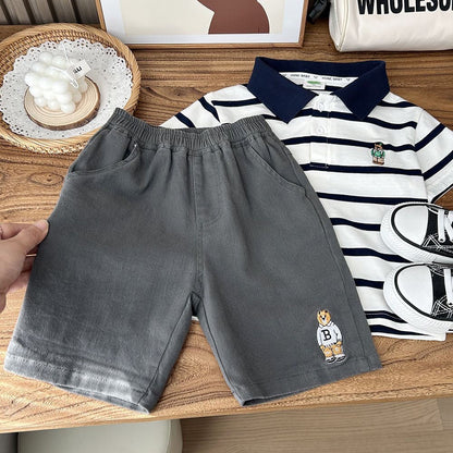 P Boys casual shorts loose five-point pants Children's cartoon embroidered pure cotton pants
