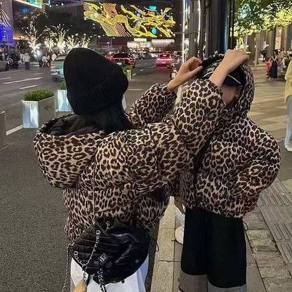 P wears cotton-padded clothes on both sides, parent-child clothes, new children's leopard print hooded warm thickened jacket, foreign gas cotton-padded jacket