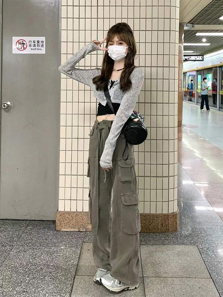 P American retro hip-hop style multi-pocket overalls women's high-waisted and thin floor-mopping jeans loose large-size straight-leg pants