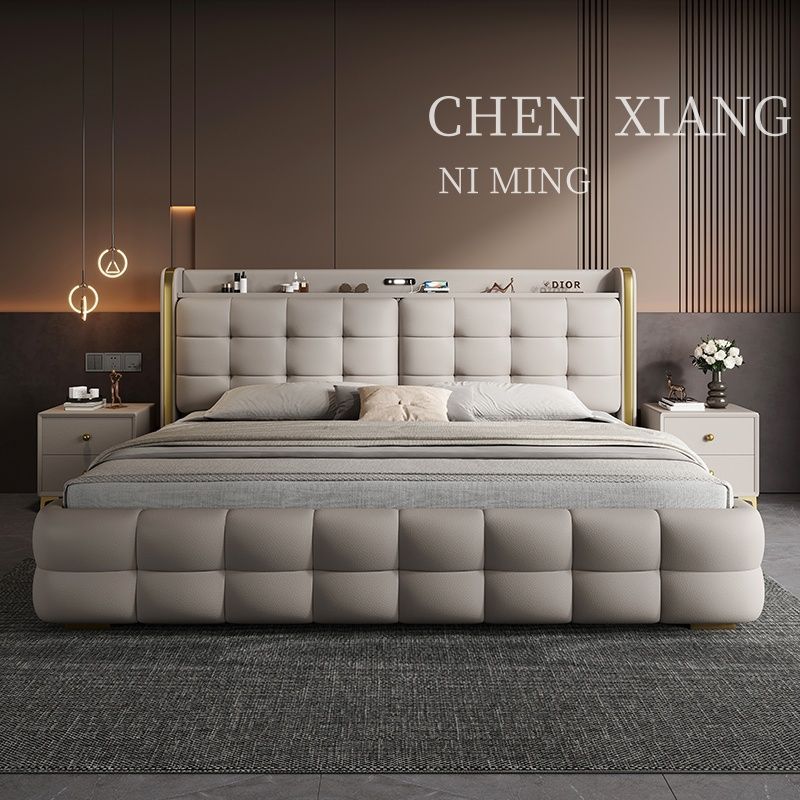 P Multifunctional storage Italian leather bed Light luxury luxury double master bedroom large bed Modern simple high-end soft bag wedding bed