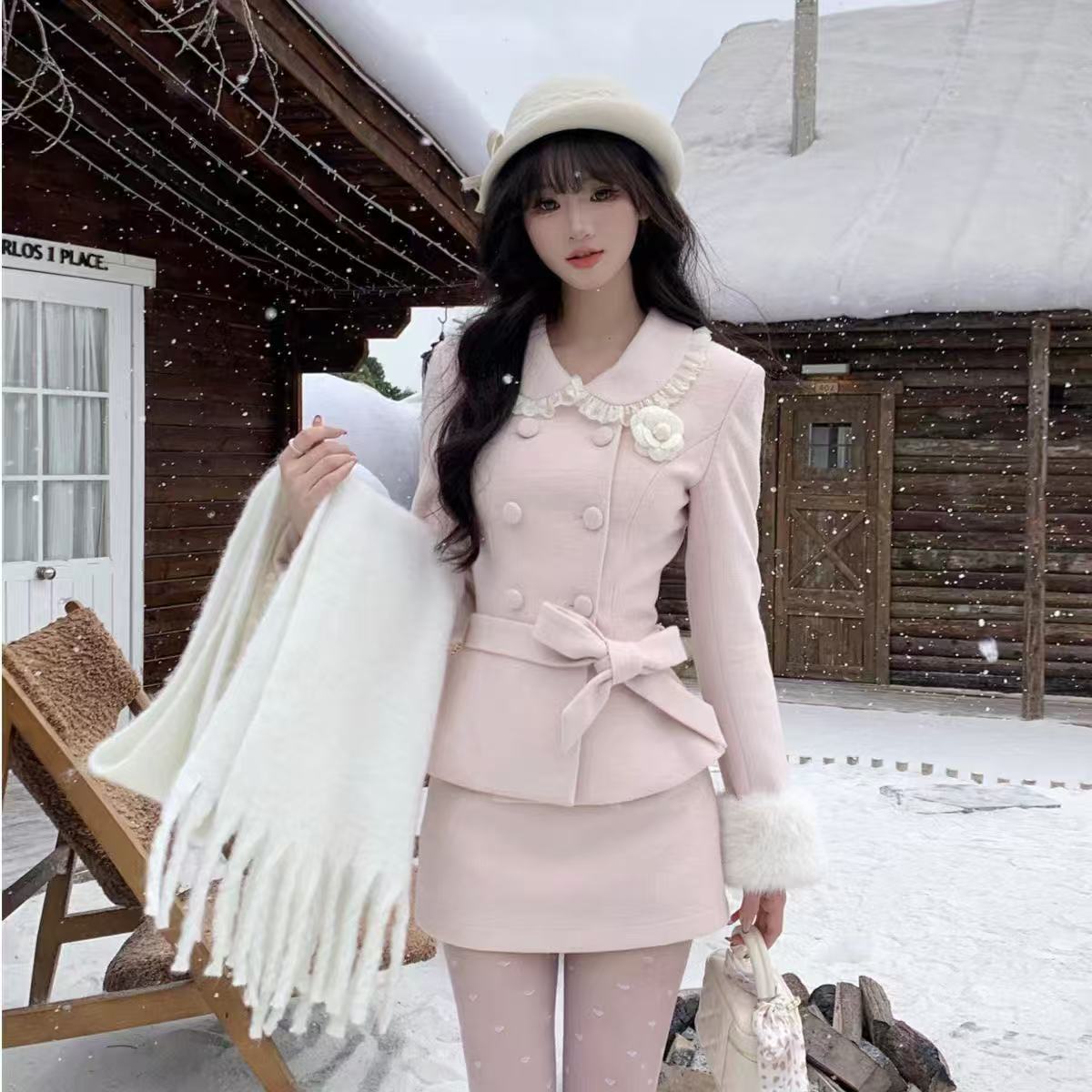 P Bowknot Waist-Cinching Coat and Dress Set