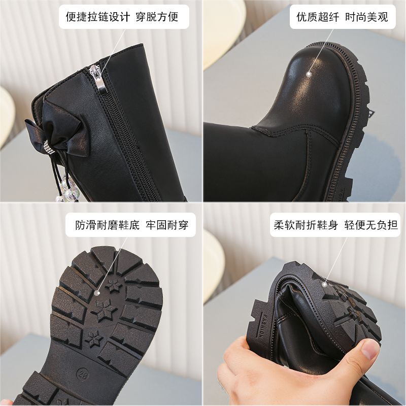 P new princess shoes children's boots medium and older children's soft-soled winter shoes long boots velvet leather boots