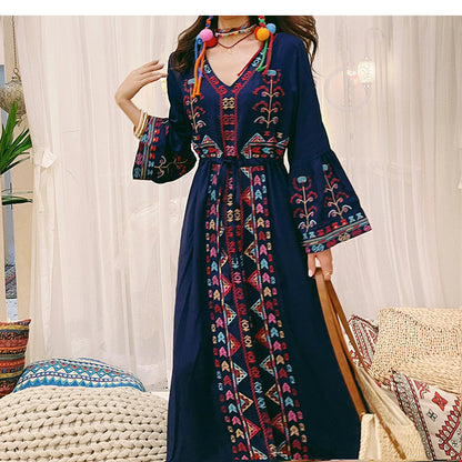P ethnic style retro embroidery v-neck horn sleeve waist dress Tibet grassland desert photo long dress women