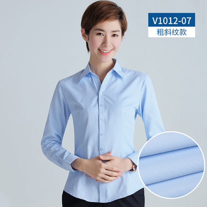 A new women's long-sleeved white shirt OL slim-fitting professional wear, interview overalls cotton V-neck shirt dress collar - Mixbatch