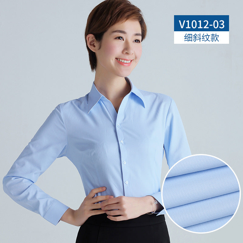 A new women's long-sleeved white shirt OL slim-fitting professional wear, interview overalls cotton V-neck shirt dress collar - Mixbatch