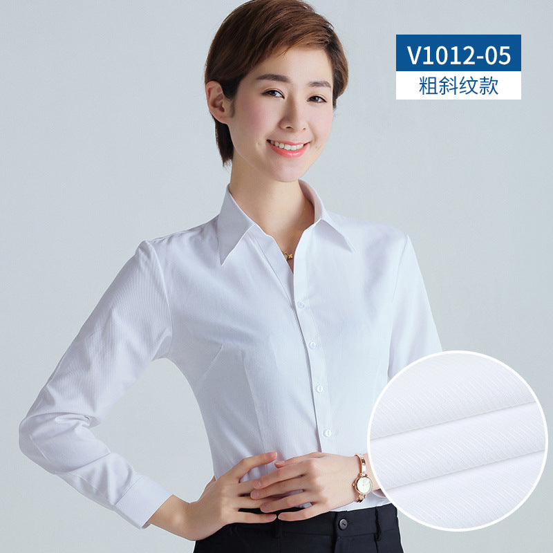 A new women's long-sleeved white shirt OL slim-fitting professional wear, interview overalls cotton V-neck shirt dress collar - Mixbatch