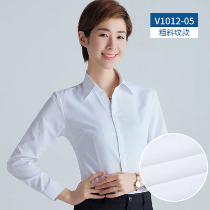 A new women's long-sleeved white shirt OL slim-fitting professional wear, interview overalls cotton V-neck shirt dress collar - Mixbatch