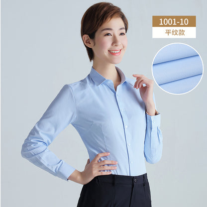 A new women's long-sleeved white shirt OL slim-fitting professional wear, interview overalls cotton V-neck shirt dress collar - Mixbatch