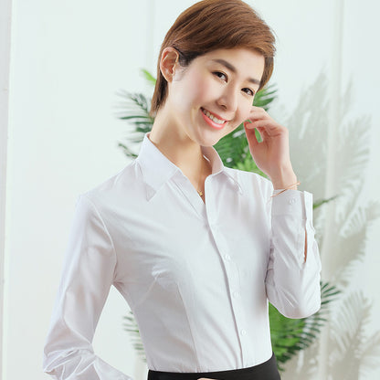 A new women's long-sleeved white shirt OL slim-fitting professional wear, interview overalls cotton V-neck shirt dress collar - Mixbatch