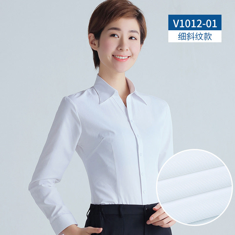 A new women's long-sleeved white shirt OL slim-fitting professional wear, interview overalls cotton V-neck shirt dress collar - Mixbatch