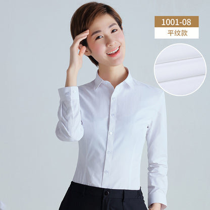 A new women's long-sleeved white shirt OL slim-fitting professional wear, interview overalls cotton V-neck shirt dress collar - Mixbatch