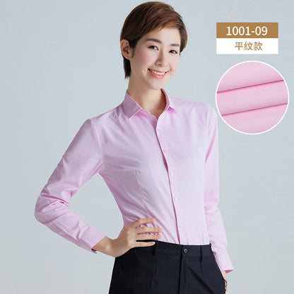 A new women's long-sleeved white shirt OL slim-fitting professional wear, interview overalls cotton V-neck shirt dress collar - Mixbatch
