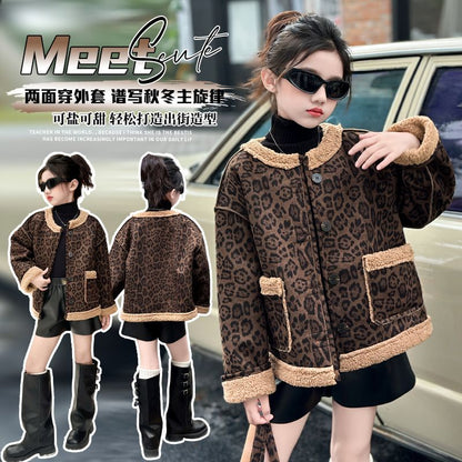 P autumn and winter foreign style new two-sided lamb leopard print top thickened children