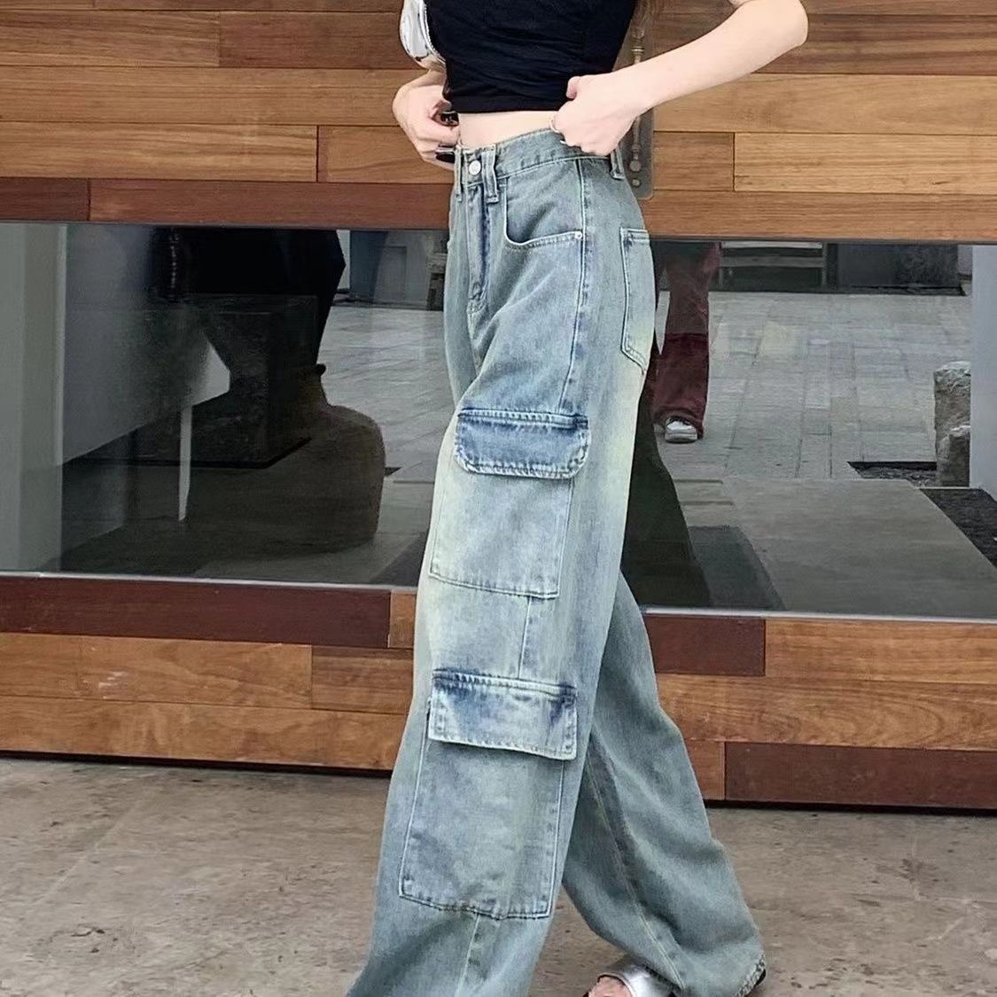 A American retro tooling jeans women's autumn new loose high-waisted and thin straight wide-leg pants floor-mopping trousers