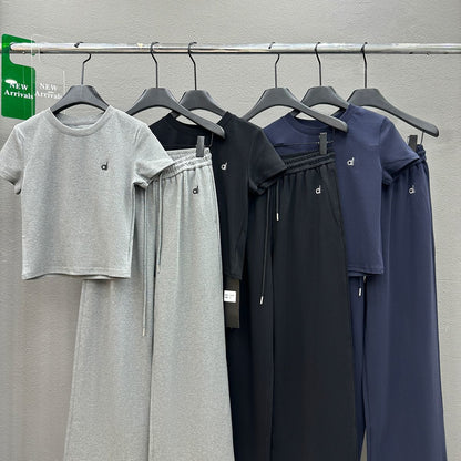 P summer new fashion lazy style slim and thin short-sleeved T-shirt + high waist wide-leg pants two-piece set