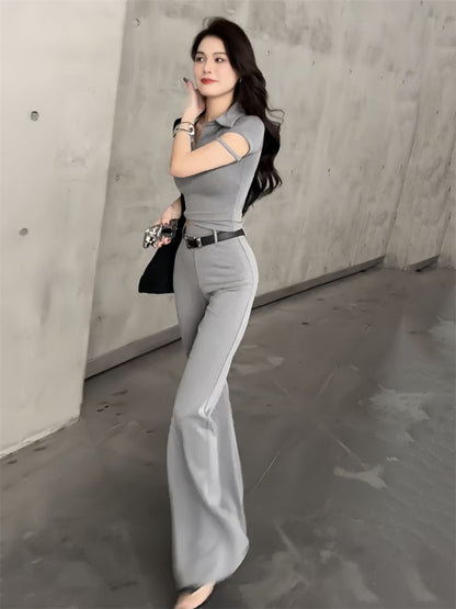 P summer new Spice Girl design short top + high waist and thin pants
