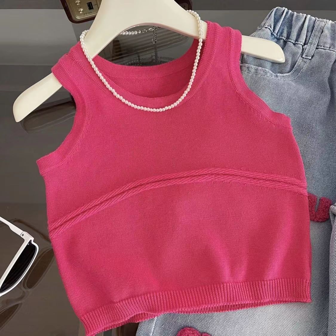P new Korean version of female treasure knitted sling vest jeans two-piece set children's summer models