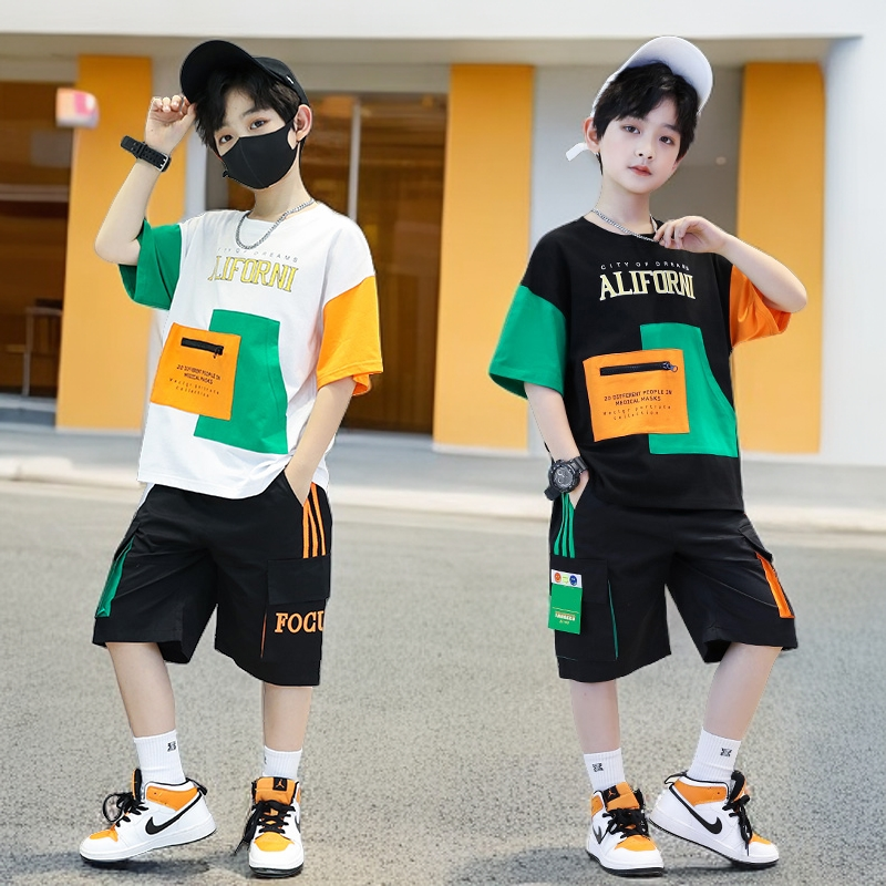 P boys summer suit popular foreign Korean version medium and older boys handsome summer short-sleeved two-piece set for children