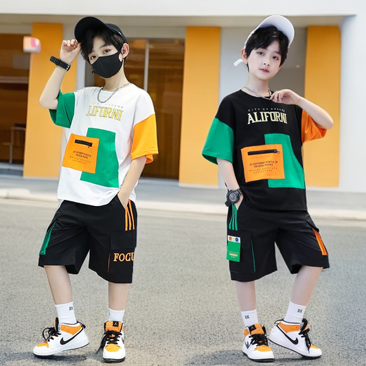 P boys summer suit popular foreign Korean version medium and older boys handsome summer short-sleeved two-piece set for children