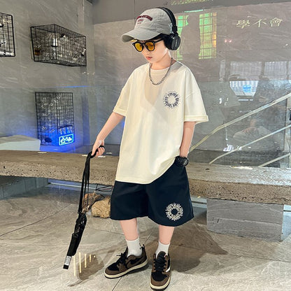 P boys summer suit new middle-aged and older boys children summer two-piece set short-sleeved handsome clothes
