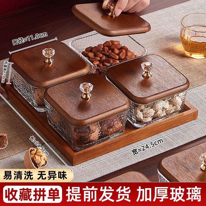 P Bamboo Wood Glass Fruit Snack Plate with Lid