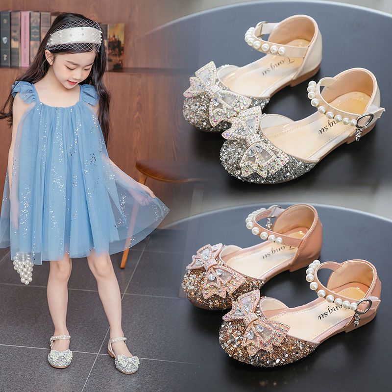 P Fashion Summer Middle School Older Children Soft Flats Spring Leather Shoes Princess Shoes Dance Shoes Crystal Shoes