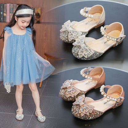 P Fashion Summer Middle School Older Children Soft Flats Spring Leather Shoes Princess Shoes Dance Shoes Crystal Shoes