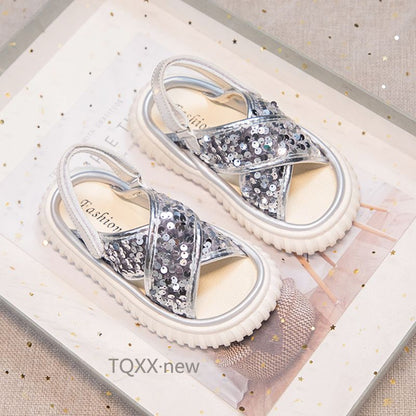 P new children's sports beach shoes girl sequined sandals popular among older children