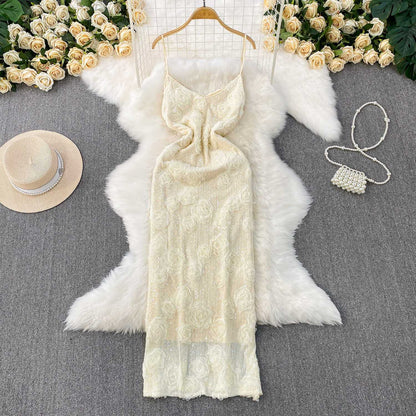 P socialite beautiful three-dimensional flower sweet age-reducing suspender dress women's summer high-end sequins slim princess dress