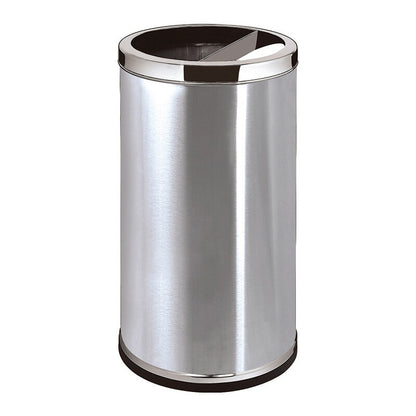 A stainless steel trash can