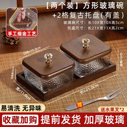 P Bamboo Wood Glass Fruit Snack Plate with Lid