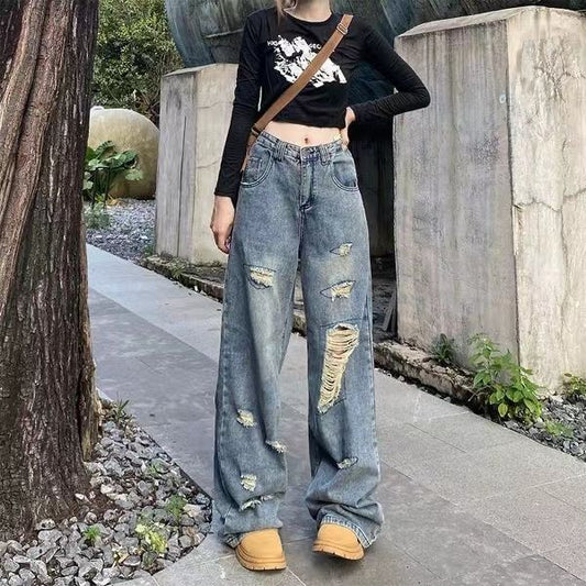 P American vibe ripped wide-leg jeans women's summer Korean version ins high waist and thin loose versatile straight-leg pants tide