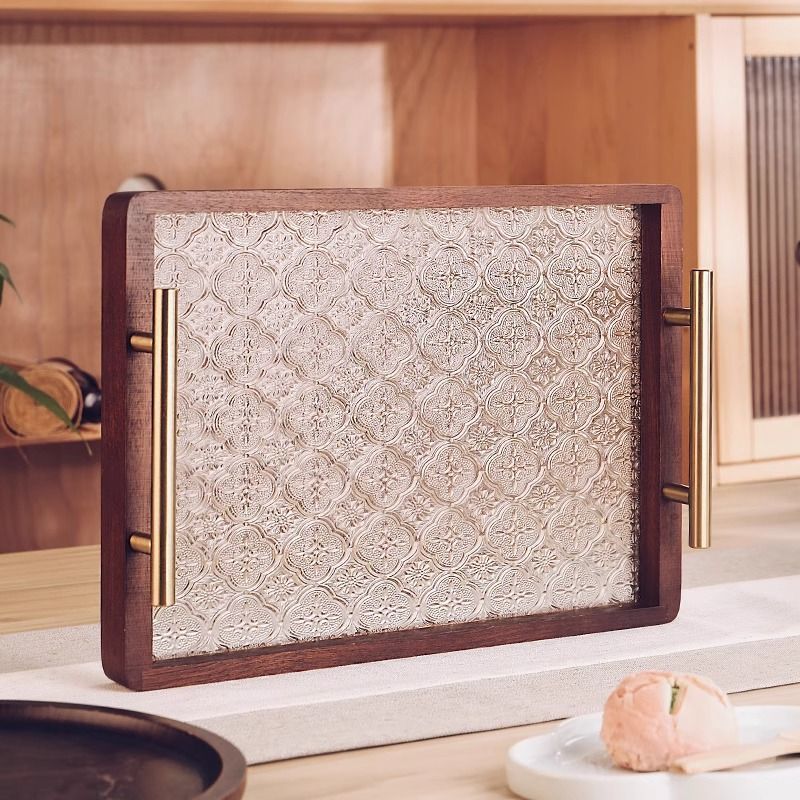 P Solid wood glass tray Small household rectangular walnut solid wood cup storage Fruit living room coffee table Tea snack plate
