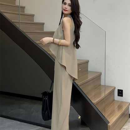 A new high-end neck sleeveless top high-waisted wide-leg pants two-piece set - Mixbatch