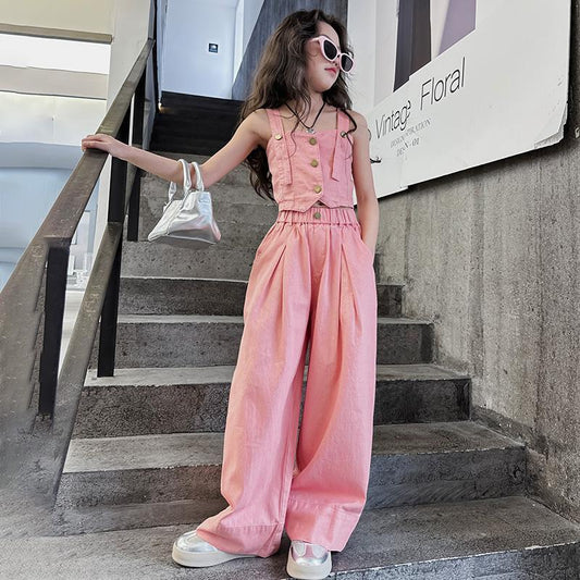 A Korean version of children's denim suit summer middle and old children's foreign style Internet celebrity suspender casual girl wide-leg pants suit