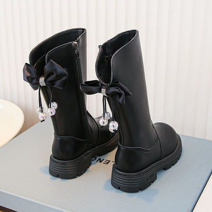 P new princess shoes children's boots medium and older children's soft-soled winter shoes long boots velvet leather boots