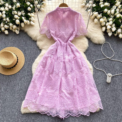 P French retro elegant heavy industry lace embroidery lapel single-breasted waist slim temperament dress...