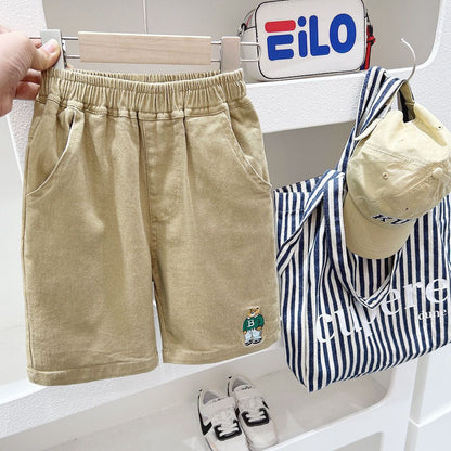 P Boys casual shorts loose five-point pants Children's cartoon embroidered pure cotton pants
