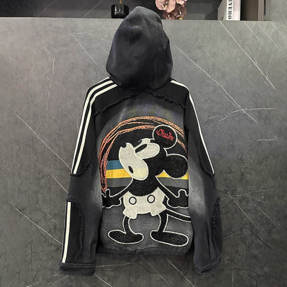 P Spring and Autumn New Heavy Industry Design Sense Cartoon Mickey Hooded Cardigan Sweater