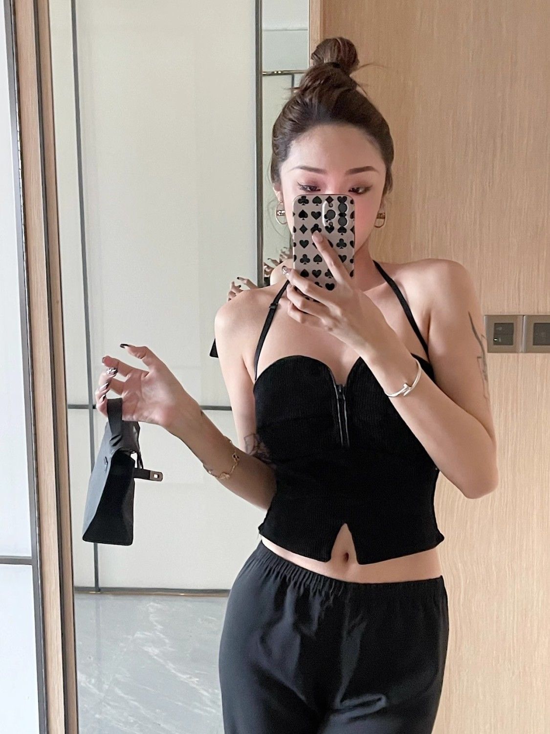 A black vertical strip velvet zipper sexy split fork slim fit and thin neck vest top - Mixbatch
